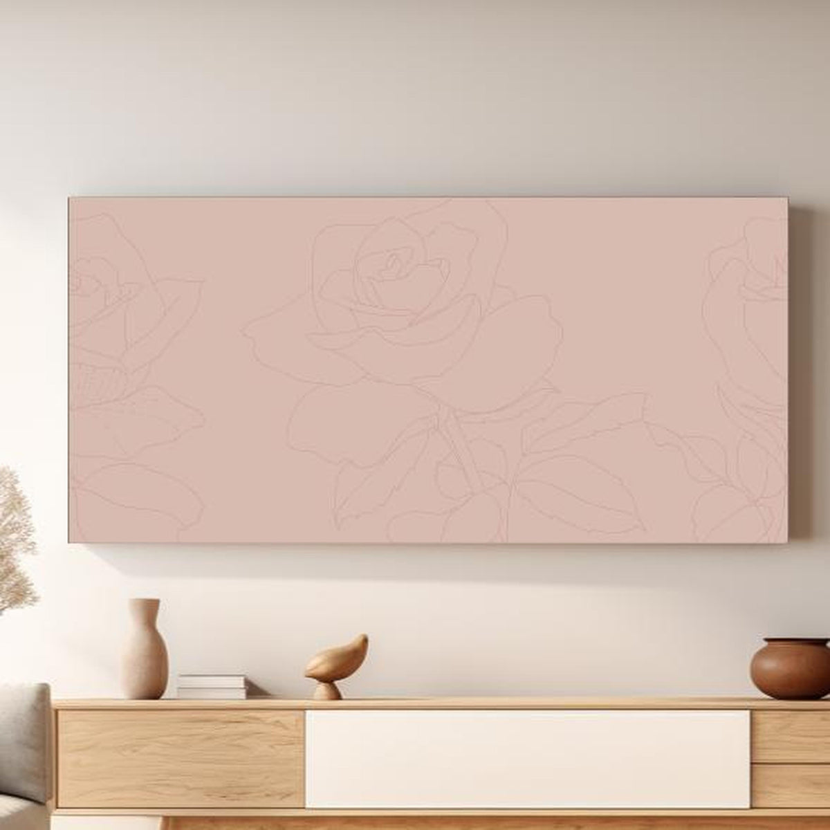 Wandbild - Rosa Rosen in hellem Wohnzimmer über extravaganter Kommode Zoom