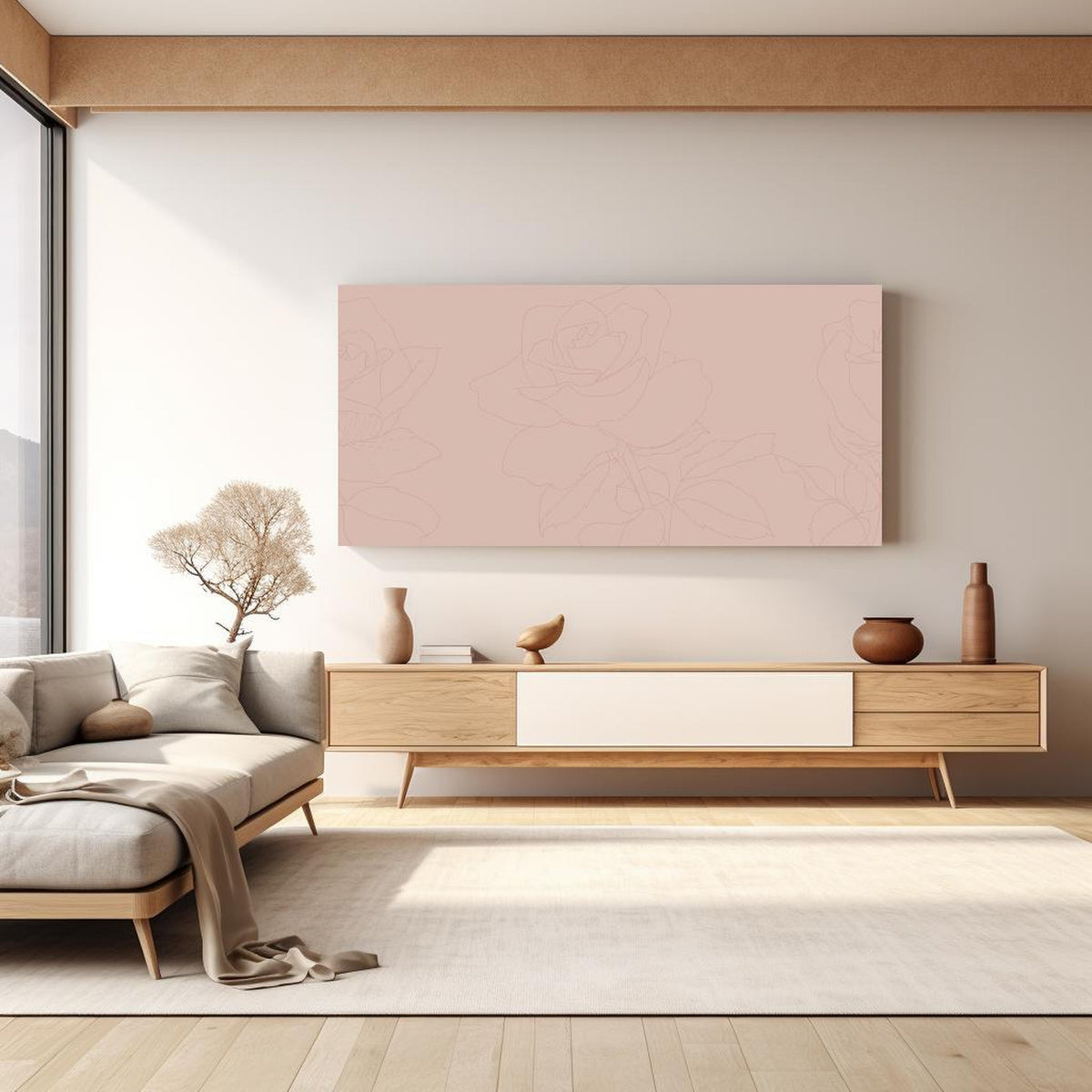 Wandbild - Rosa Rosen in hellem Wohnzimmer über extravaganter Kommode