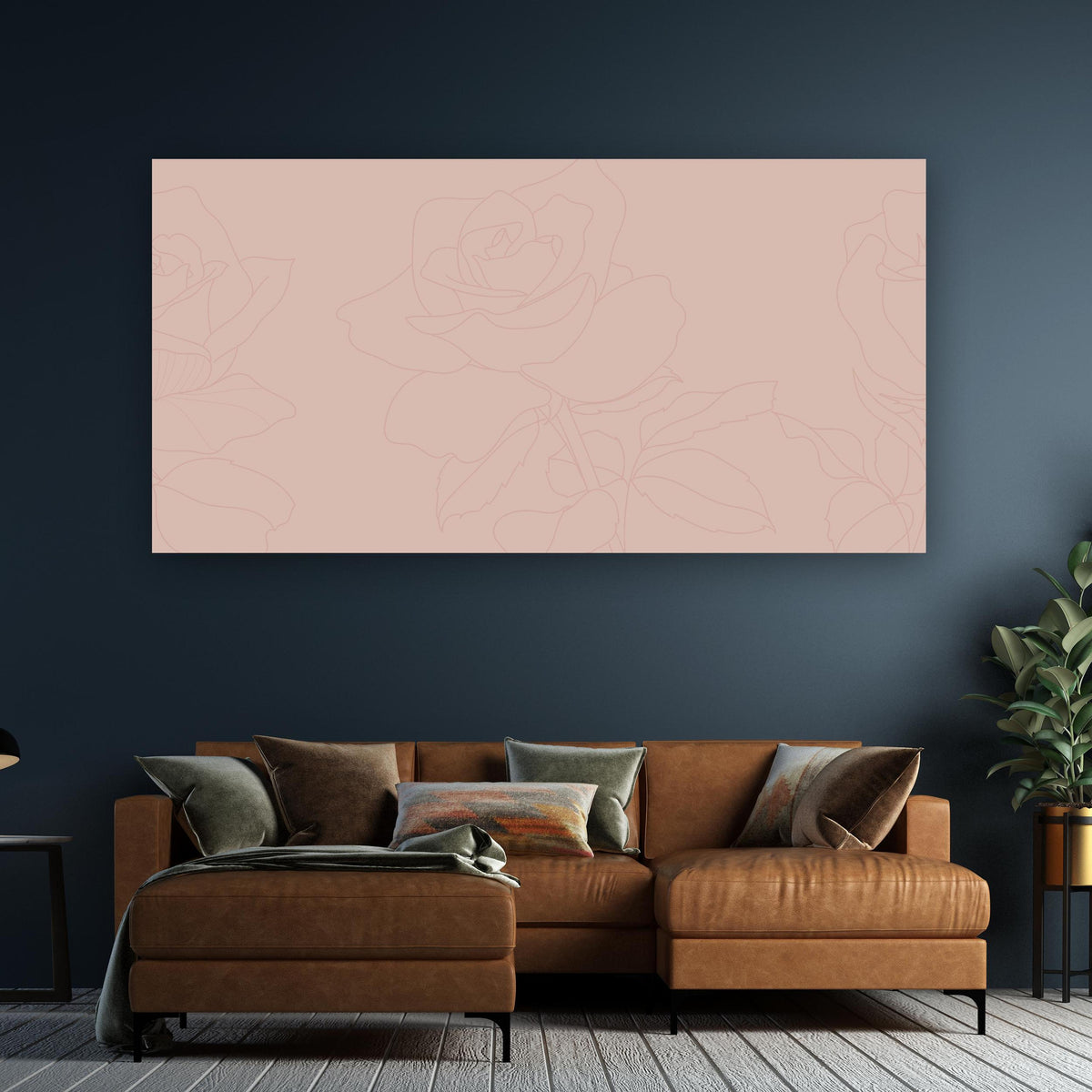 Wandbild - Rosa Rosen an dunkelgrüner Wand über klassischem Sofa