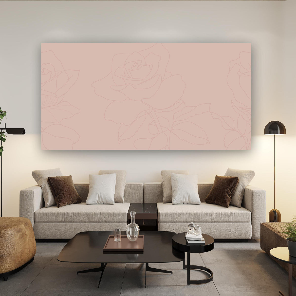 Wandbild - Rosa Rosen über Urban-Stil Couch hinter futuristischem Tisch
