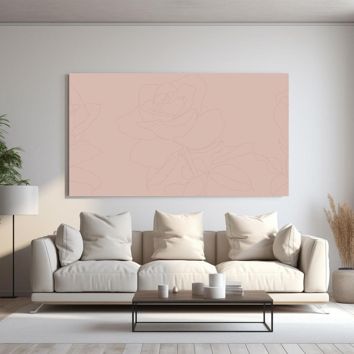 Wandbild - Rosa Rosen hinter sanfter Couch mit cremefarbenen großen Kissen