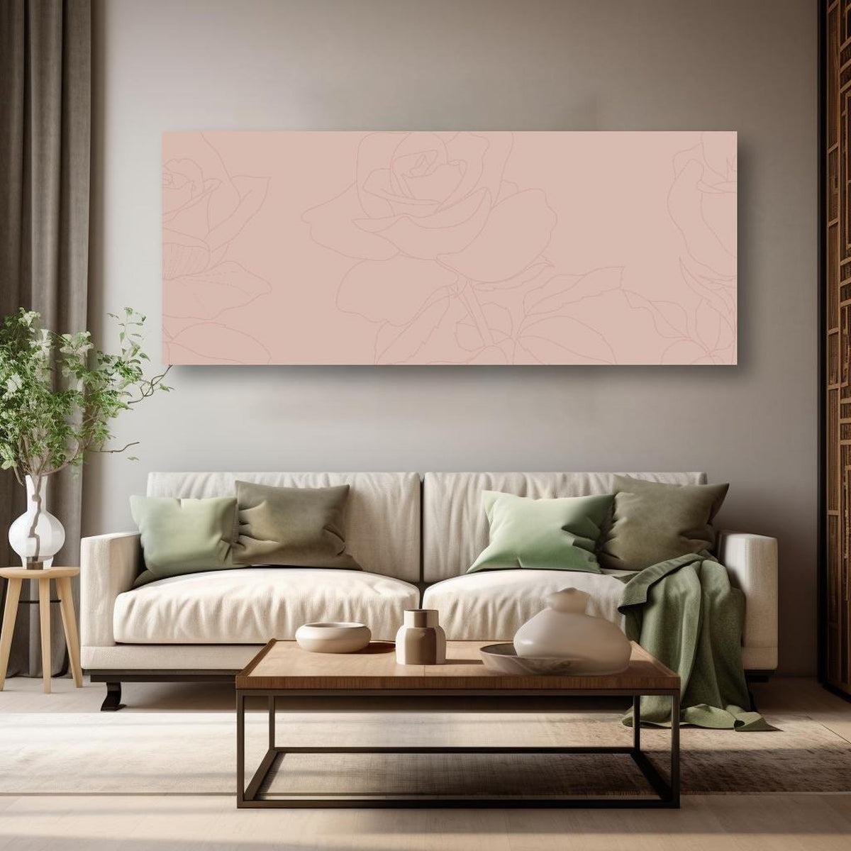 Wandbild - Rosa Rosen in kreativ eingerichtetem Zimmer mit moderner Vase