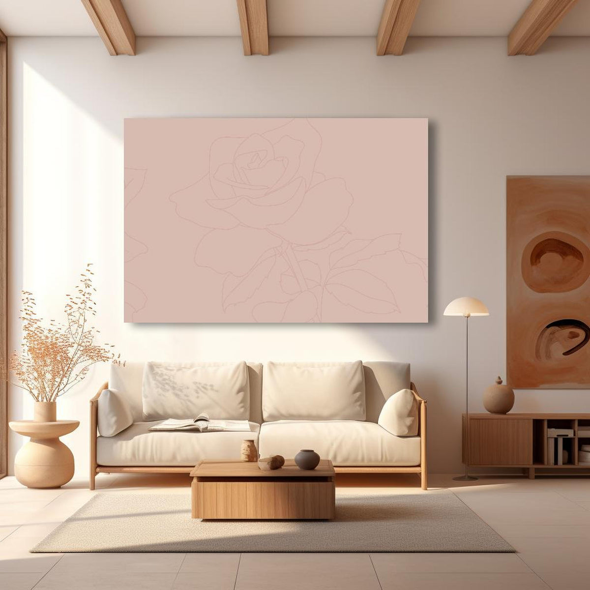 Wandbild - Rosa Rosen in modernem Wohnzimmer im Loft-Stil