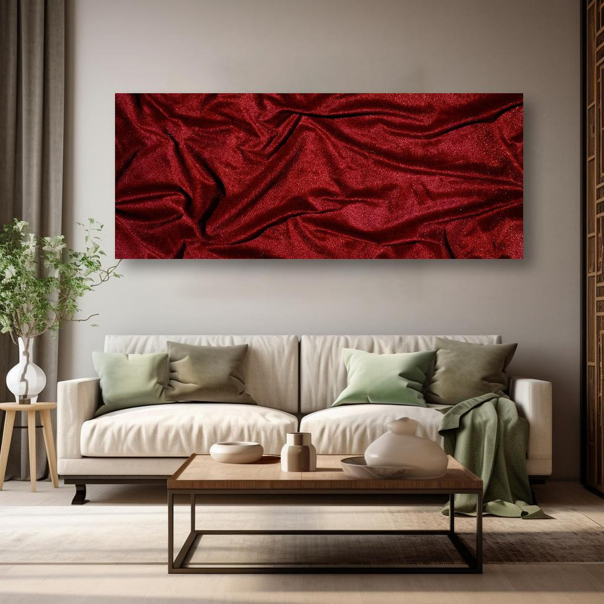 Wandbild - Rote Satin Seide in kreativ eingerichtetem Zimmer mit moderner Vase