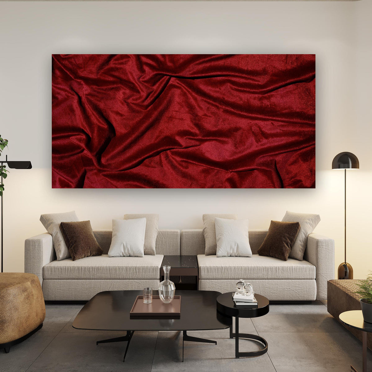 Wandbild - Rote Satin Seide über Urban-Stil Couch hinter futuristischem Tisch