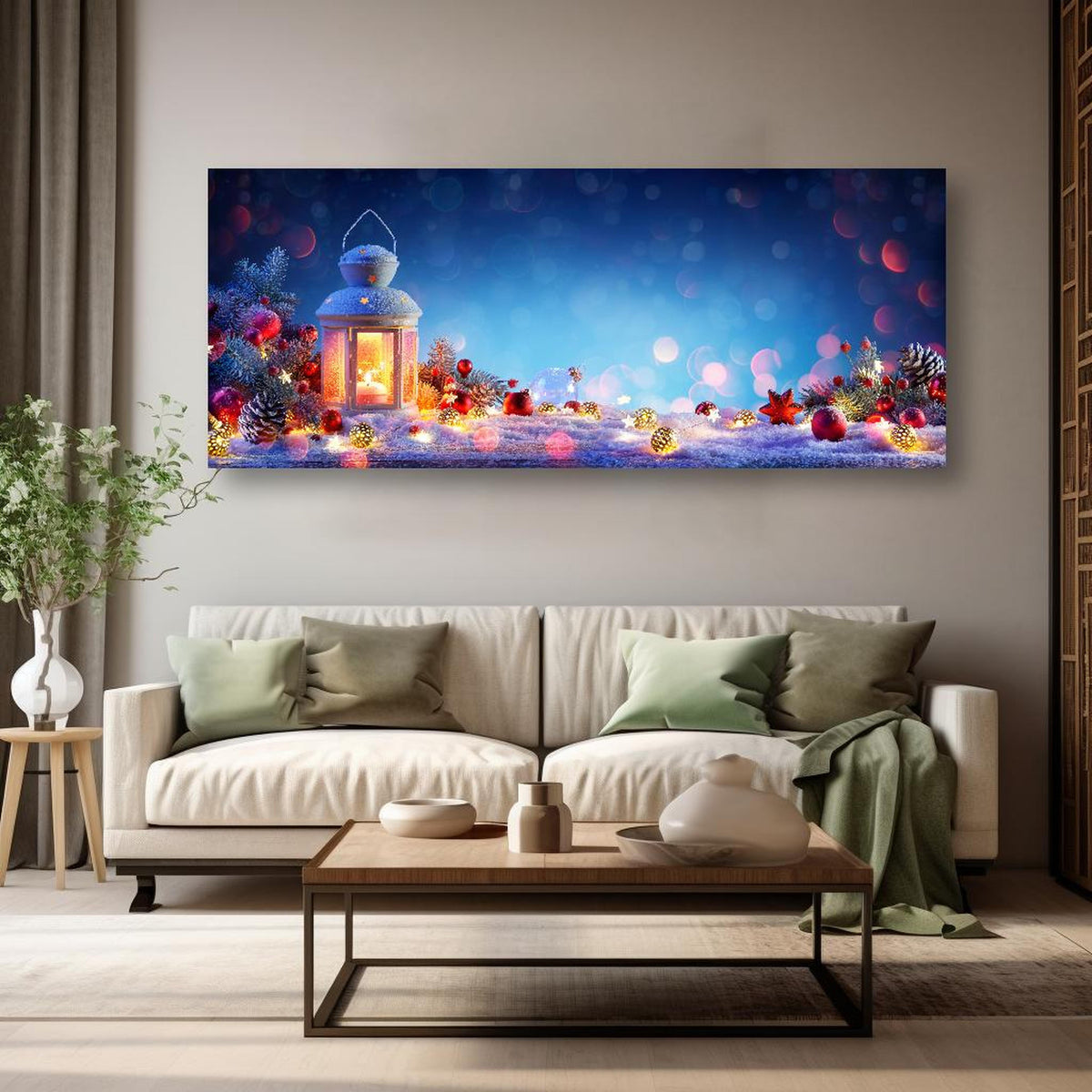 Wandbild - Weihnachtslaterne auf verschneiten Tisch in kreativ eingerichtetem Zimmer mit moderner Vase